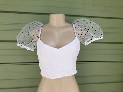white polka dot puff sleeve top
