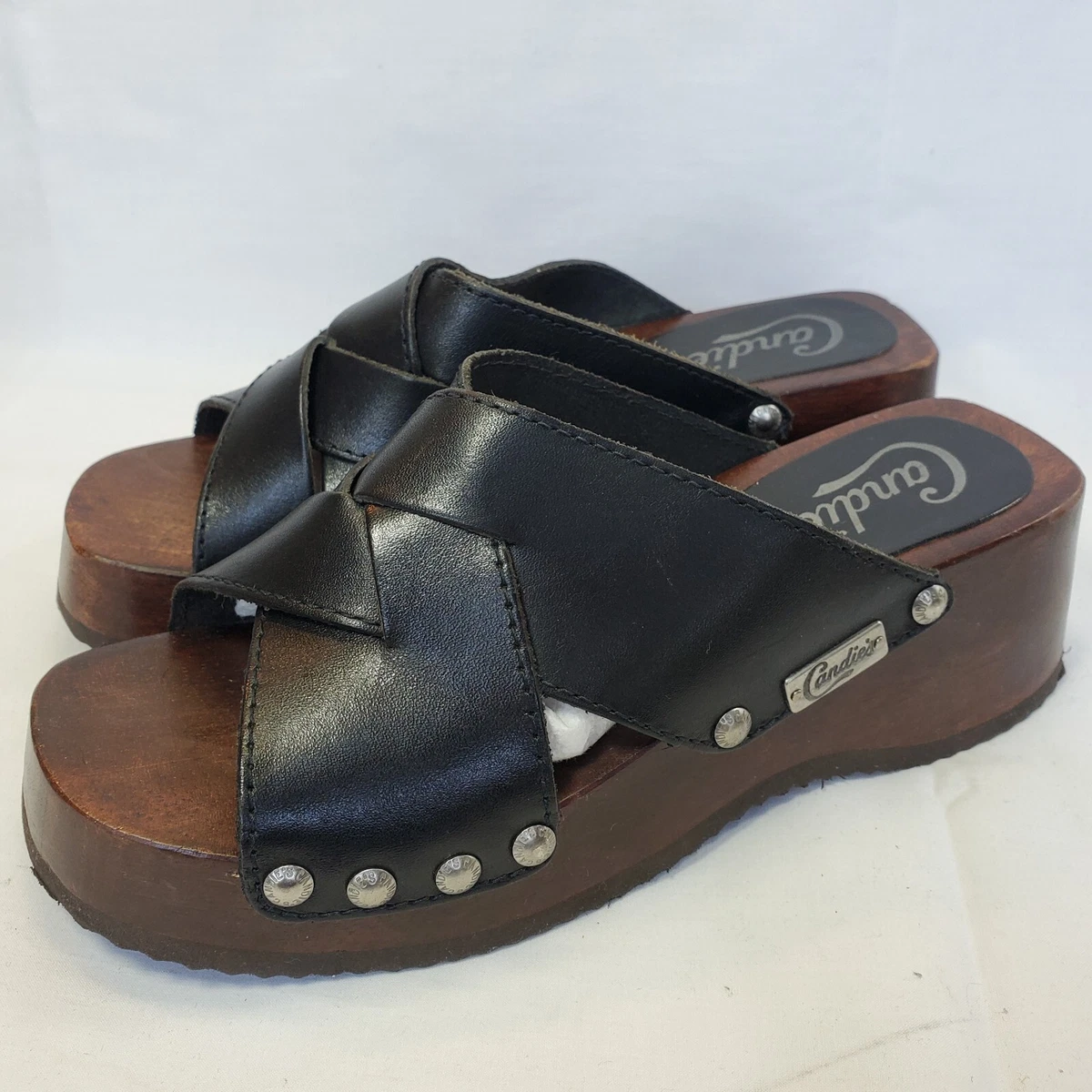 Vintage Candies Sandals Shoe Sz 8 Wood Platform Studded Wooden Black Leather