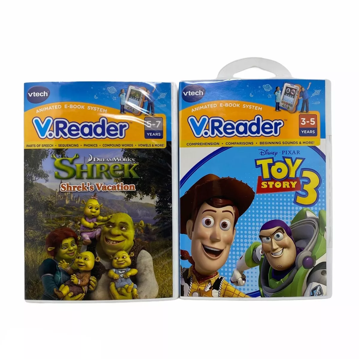 VTech Shrek'S VacatIon & Toy Story 3 V.Reader Learning Game Lot Of.
