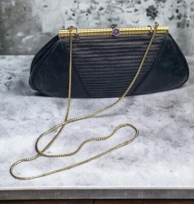 Judith Leiber Black Lizard Embossed Leather Clutch Crossbody Handbag Purse EUC! - Image 1 of 4