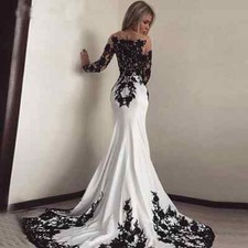 Vintage Wedding Dresses Black Lace Applique Mermaid Long Sleeve Satin BridalGown