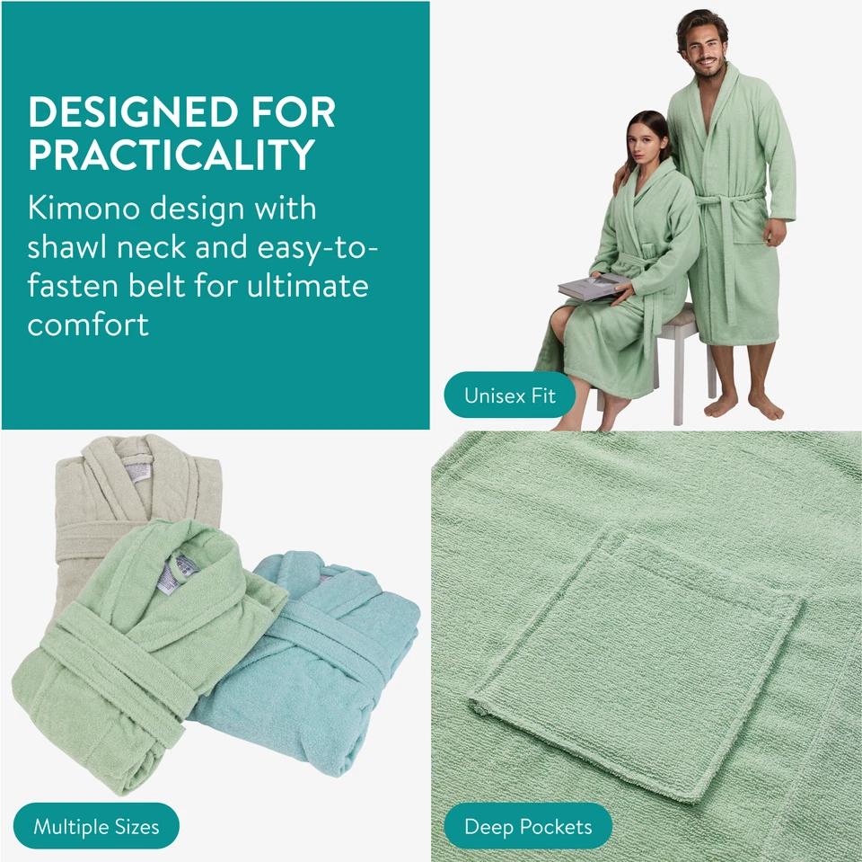 Albornoz Hombre y Mujer de Baño - Albornoz Ducha de 100% Algodón - Talla M Verde - Imagen 4 de 4