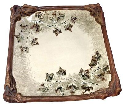 Vintage 90s Ellen Evans Studio Pottery Large Square Serving Bowl Leaves Signed