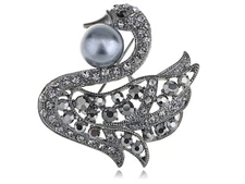 ChicTone Elegant Crystal Satin Rhinestone Faux Pearl Swan Love Duck Brooch