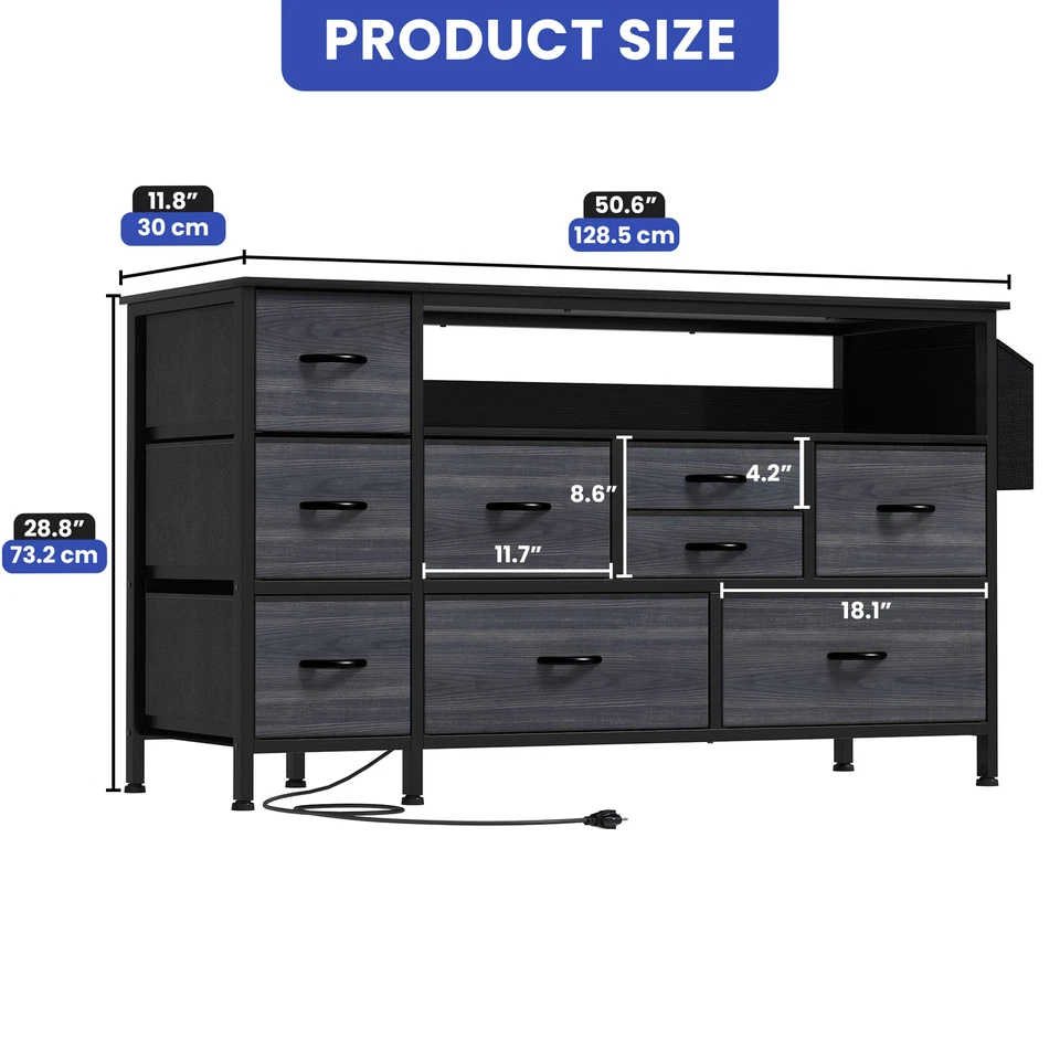 9 gavetas cômoda preta luzes LED ajustáveis porta USB organizador de armário de armazenamento - Imagem 2 de 4