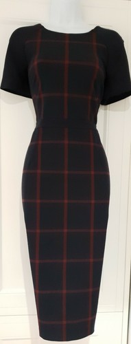 Womens Phase Eight Navy Blue Red Check Plaid Work Formal Midi Pencil Dress 10.