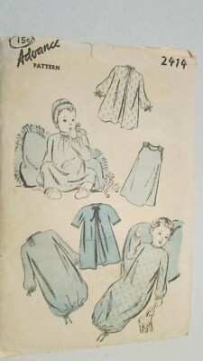 Vintage CUT Advance 2414 Pattern Baby Dress Slip Cap Kimono Sleeping Bag Gown
