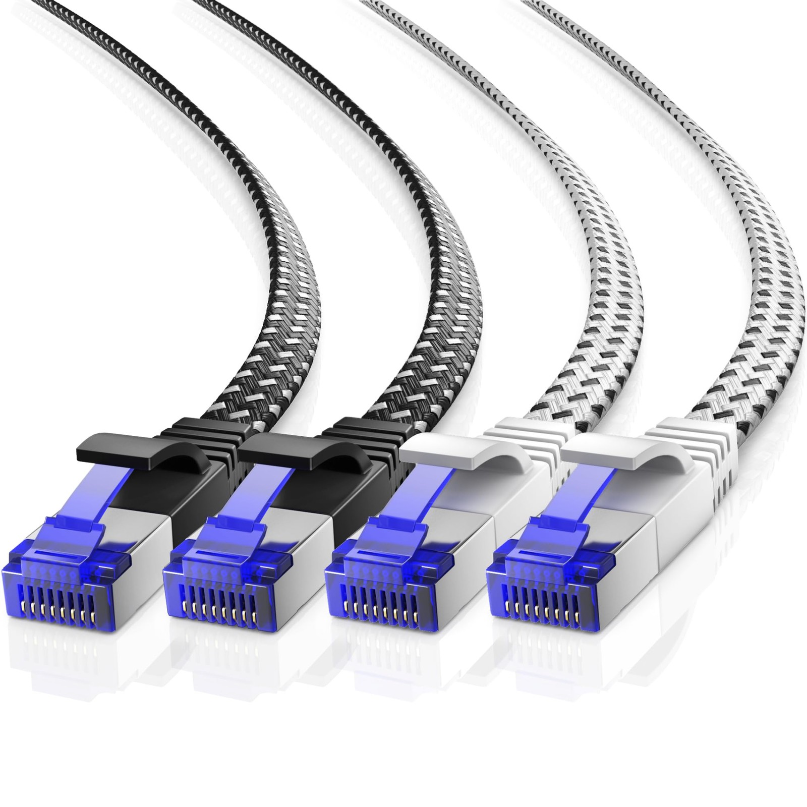 High-Speed CAT7 Flat Braided Ethernet Cable 2-Pack (8ft, Black & White) 10Gbps