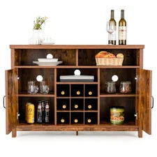Buffet Storage Cabinet Farmhouse Sideboard w/2 Doors &9-Bottle Wine Rack Rustic