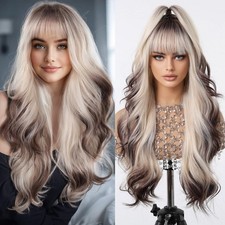 Siamese Cat Gradient Brown Long Curly Wig With Full Bangs for Festival Party