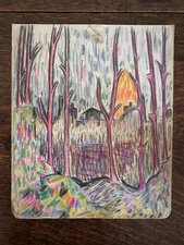 1920's Forest City Sunset Still Life Multicolor Drawing Pencil on Paper  8 x 9.5