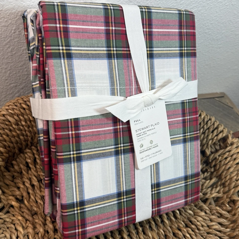 JUEGO DE SÁBANAS A CUADROS POTTERY BARN STEWART, COMPLETO ~ ALGODÓN PERCAL ORGÁNICO ~ NAVIDAD Foto 2 de 4