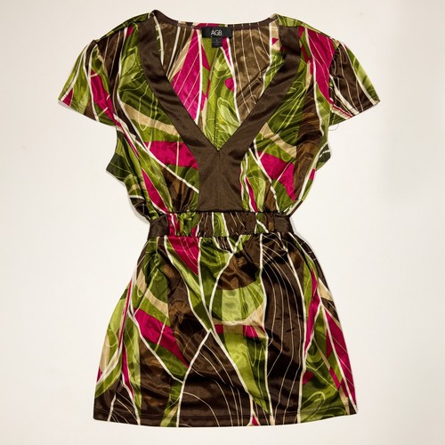 AGB Womens Large Y2K Funky Pattern Short Sleeve Top Green Brown Earthy