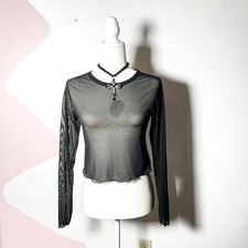 Black Sheer Long Sleeve Top Large Mesh Gothic Whimsigoth Grunge Emo