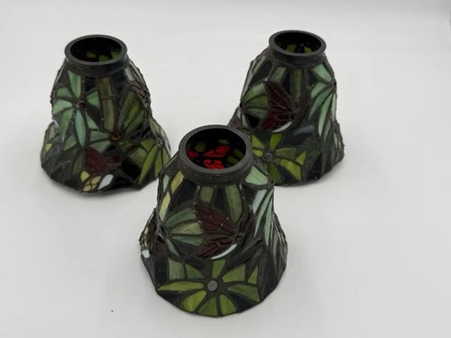 VTG Stained glass Tiffany Style Ceiling Fan Lamp Shade set of 3 butterfly , Flor