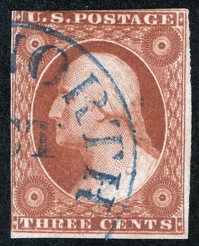 US Sc 10A Type II Copper Org Brn 3¢ 1851 Blue Dated CDS Cancel Position 94L2E