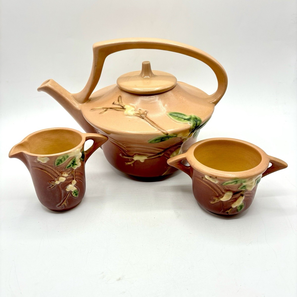 Roseville Pottery Snowberry Tea Pot, Sugar, Creamer Tea Set, USA