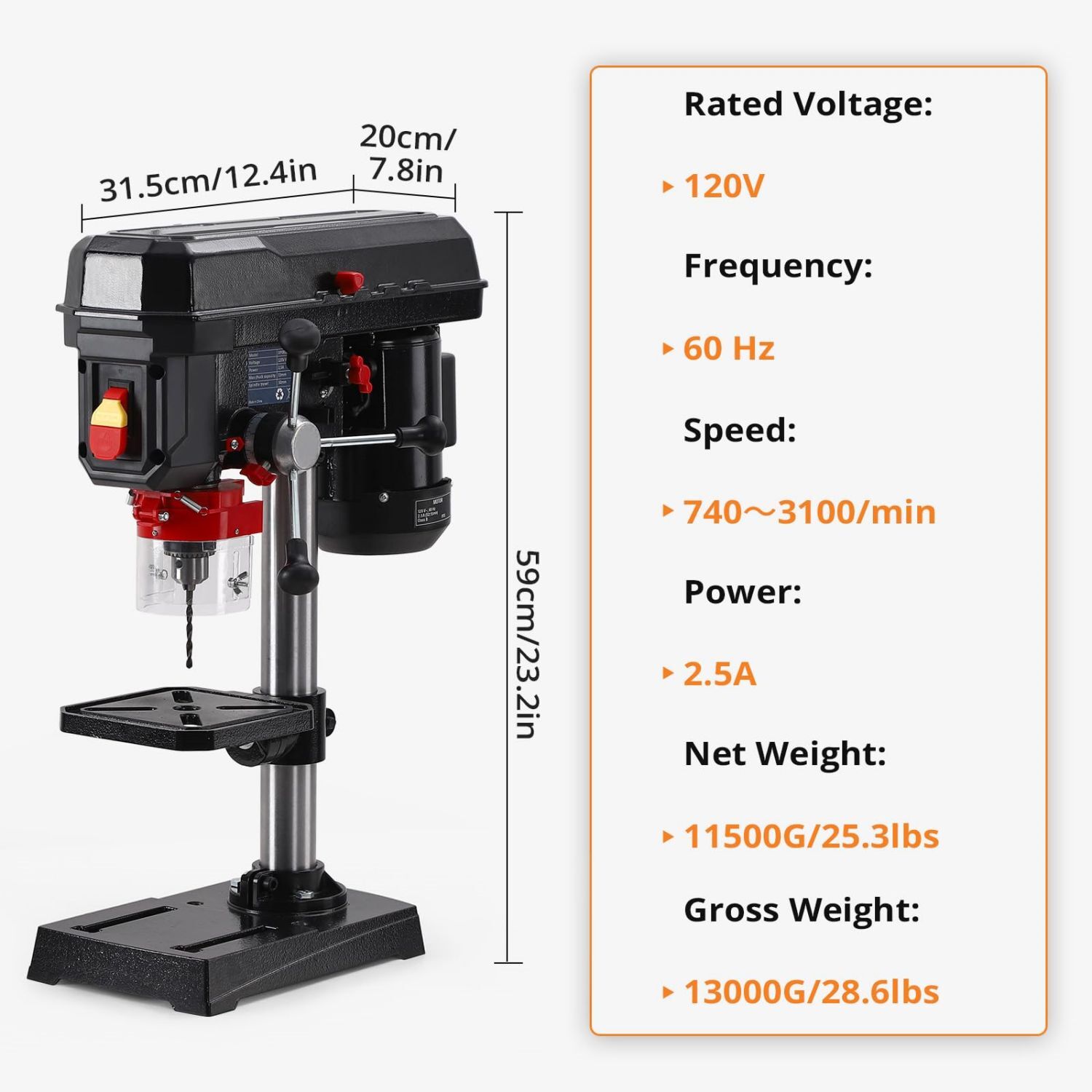 8 Inch Benchtop Drill Press Machine with Work Light 5 Speeds 2.5 AMP