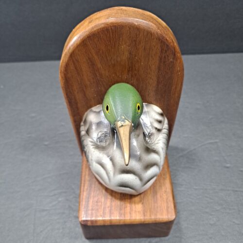 Vintage Set Of 2 Heavy Bookends Painted Bronze Ducks On Dark Wood Frame - Picture 12 of 18