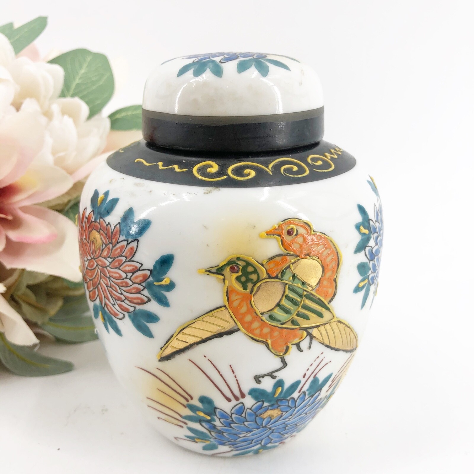Vintage Porcelain Japanese Ginger Jar & Lid  Moriage Birds & Flowers 5 1/2”