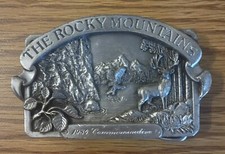 Vintage 1984 Siskiyou "The Rocky Mountains" Commemorative Belt Buckle w/Stand