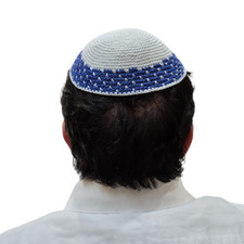 Yamaka Judaica 20 cm kippot Skull Cap Kippah Kipa Keppah wht/blue Knit Yarmulke