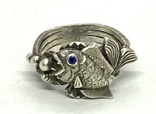 Vintage Sterling Silver Blue Stone Fish Band Ring Size5 6.31g