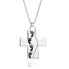 Cross Foot Print Engrave Women Pendant Necklace White Gold Plated 18"Cable Chain