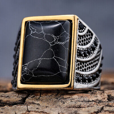 Mens Gold Plated Black Square Onyx Stone Ring Stainless Mens Gold Plated Black Square Onyx Stone Ring Stainless