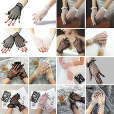 Womens Mesh Fishnet Gloves Black White Lace Bow Gloves Full Finger Bride Mittens