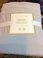 Pottery Barn Teen Tufted Cuff Queen Sheet Set Solid Pale Gray NWT 100 Cotton