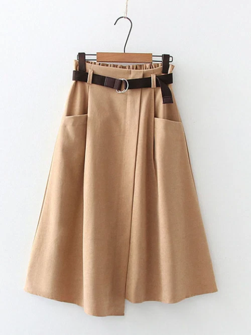 Women Casual Skirts High Waist Irregular Pockets Midi Skirts Simple Elegant