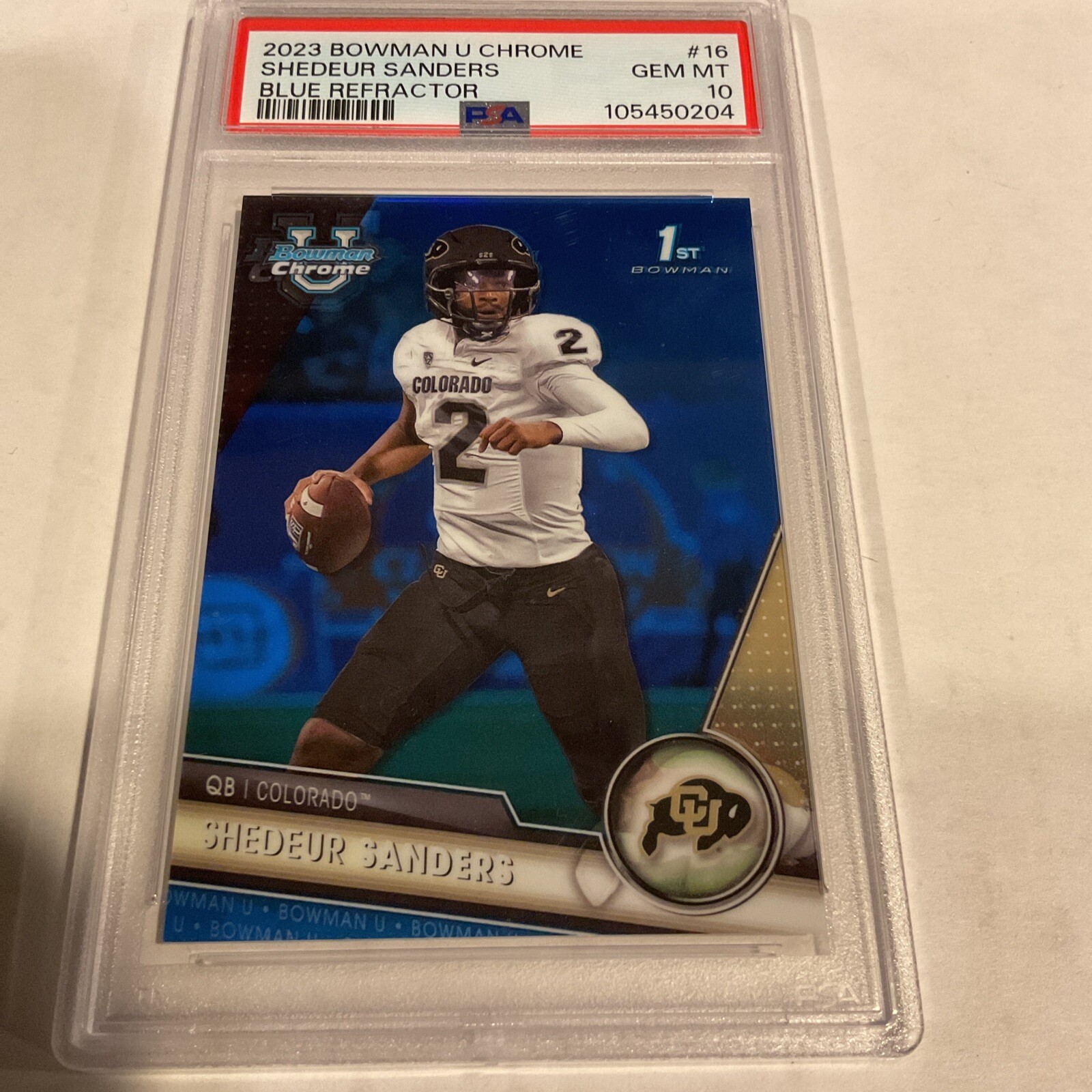 2023 BOWMAN UNIVERSITY CHROME BLUE REFRACTOR SHEDEUR SANDERS /199 PSA 10 1st
