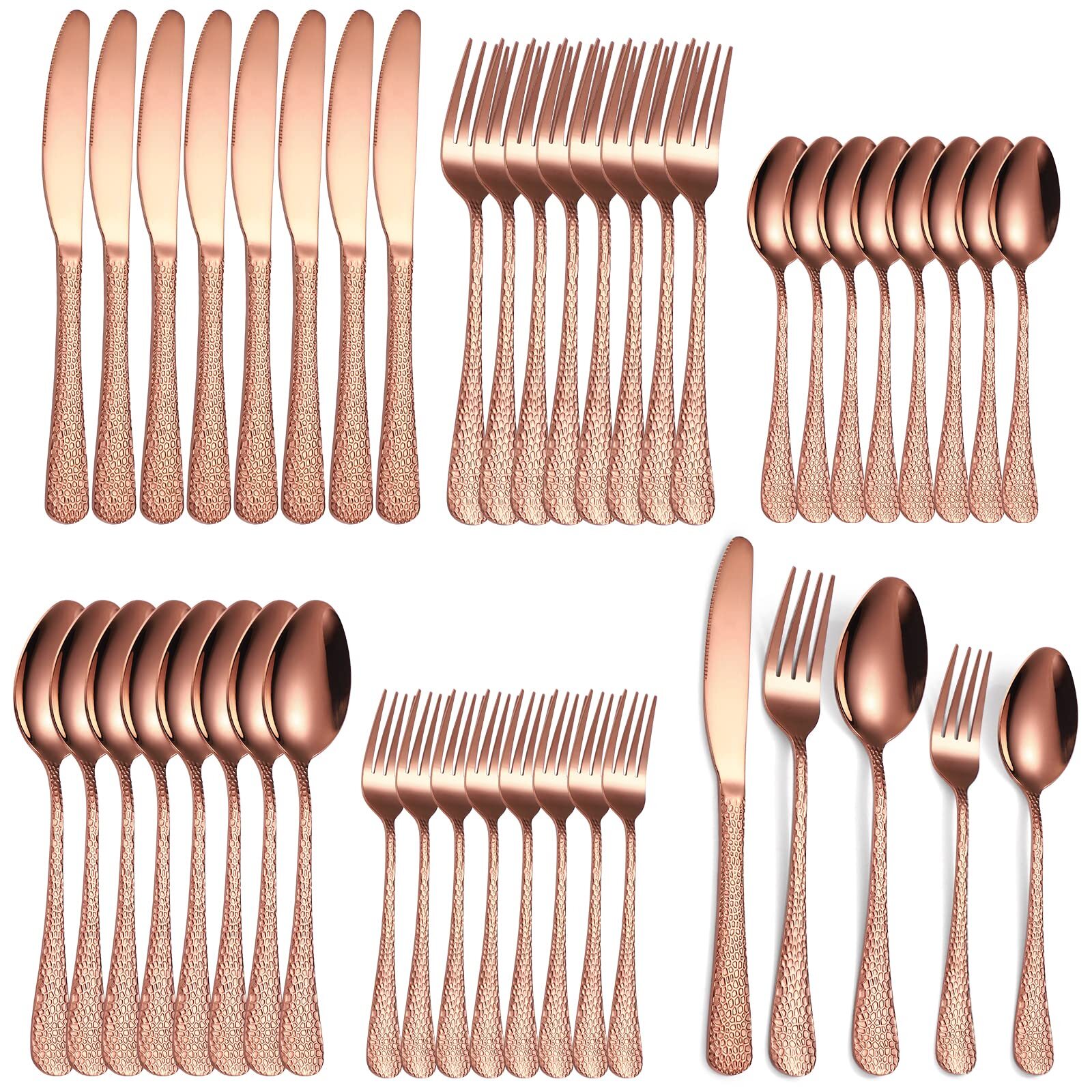 Hammered Silverware Copper/Rose Gold Flatware Set 40 Piece Service for 8 Stai...