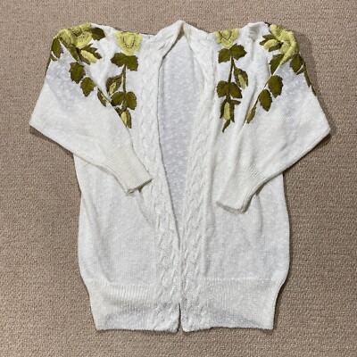 VINTAGE offene Strickjacke Damen Große 12 UK weiß grün Blumen bestickt Wickeloptik