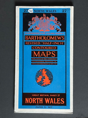 Vintage Bartholomew's Half Inch Paper Map, Sheet 27. North Wales. 1960