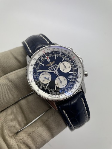 Breitling Navitimer Black Chronograph Steel Leather Strap Watch A23322 B+P
