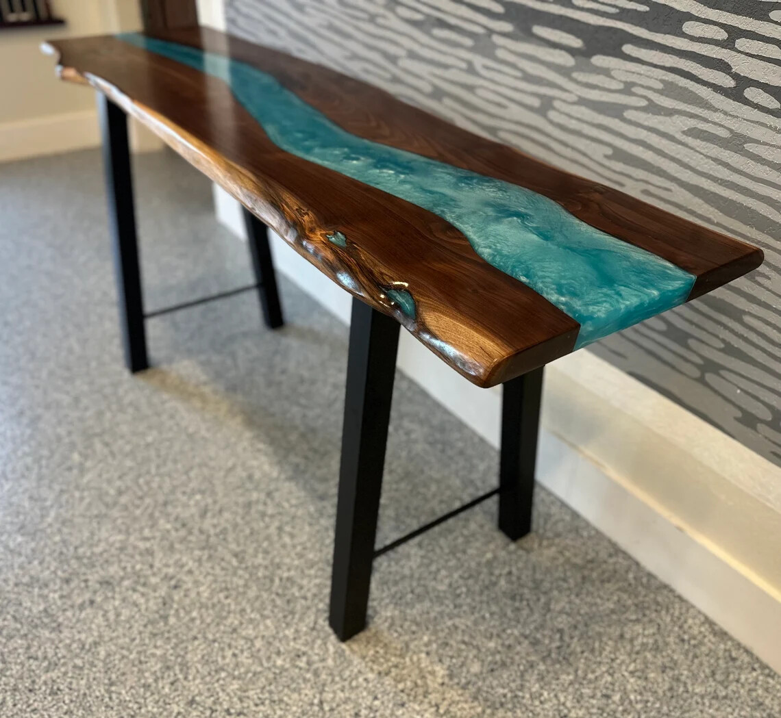 Walnut Epoxy Bar, Custom Epoxy Bench, Custom Sofa Table, Live Edge Epoxy Table,