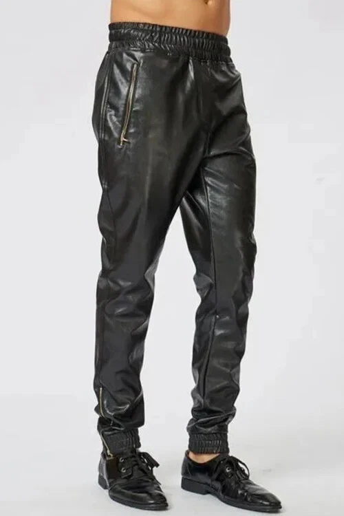 Men's Genuine Real leather Black Biker Jogger pants Slim fit Casual Trousers W34