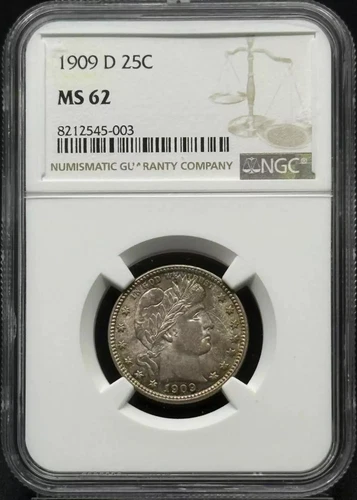 1909 D Barber Quarter Head NGC MS-62 Rainbow Toning