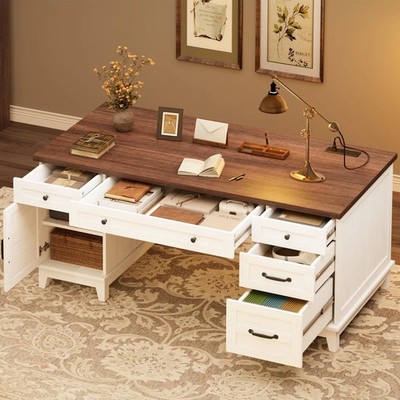 GarveeHome Executive Desk 60 in Wooden Computer Desk Cabinet White Walunt