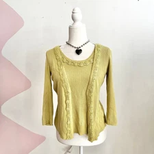 Vintage Green Lace Cardigan 2-Fer Y2K 2000s Fairycore Boho 90s Small