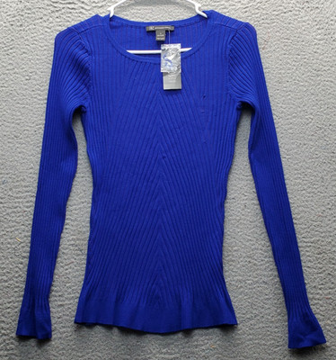 INC International Concepts Knit Top Women Medium Blue Ribbed Stretch Long Sleeve