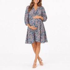 Gap Maternity Floral Tiered Mini Dress Medium Pink Blue Rayon 3/4 Balloon Sleeve
