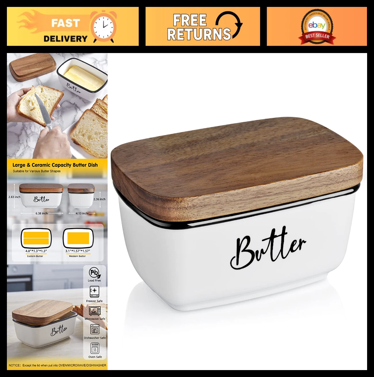 Large Ceramic Butter Dish with Lid - Acacia Wood Butter Keeper for Kitchen Decor