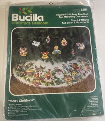 Bucilla Merry Christmas Heirloom Jeweled Felt Tree Skirt & 8 Ornaments Kit 82102