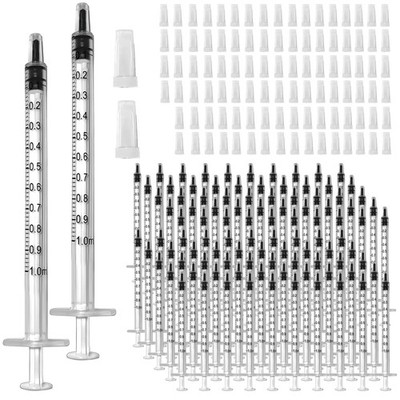 100 Pcs 1ml 1cc Syringe No Needle Plastic with Caps for 1mL, White 