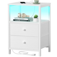White Nightstand with Charging Station LED, 2 Fabric Drawers, USB Outlets
