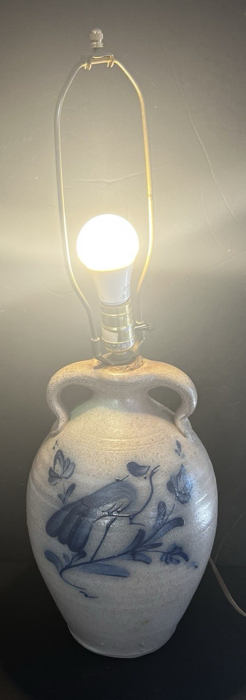 Vtg Ethan Allen Lamp Rowe Pottery Jug Salt Glaze Stoneware Blue Bird  Folk Art
