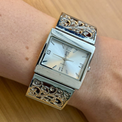 NYC Silver Tone Dial Rectangle Case Link Stretch Band Watch